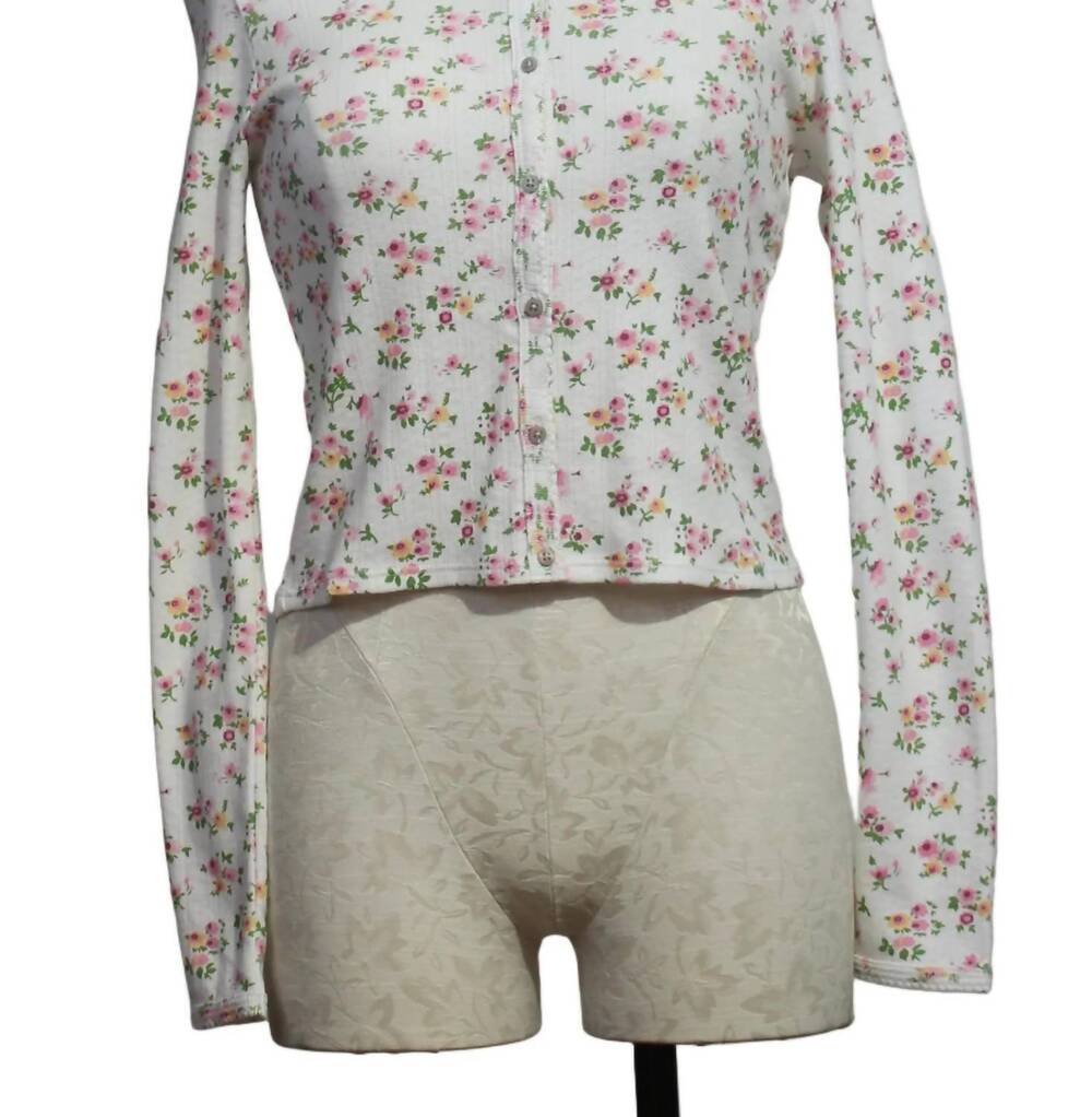NEW GOLDIE TEES women's floral pointelle long sleeve crop cardigan in white